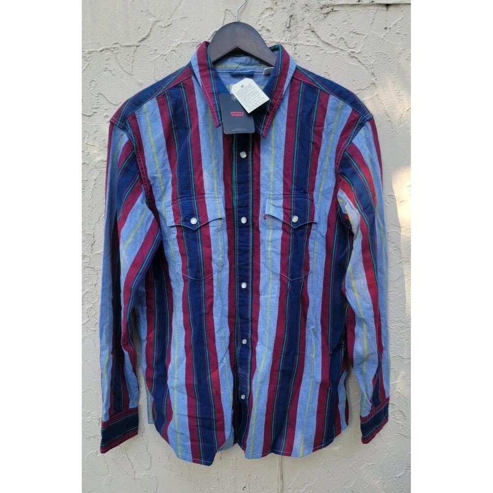 Levi's Mens Western Relaxed Fit‎ Pearl Snap Long Sleeve Striped Shirt Size Large